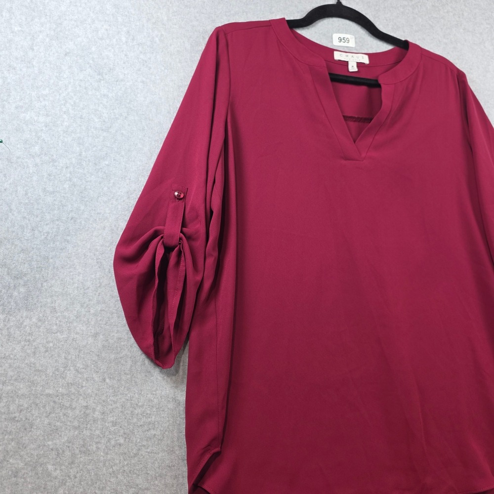 Chaus New York Womens Burgundy Split V-Neck Roll Tab Sleeve Blouse Size M - Picture 3 of 7